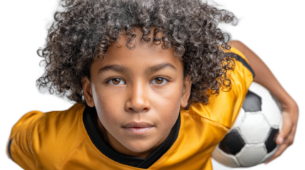 Determined Young Footballer: A young boy with curly hair and determination holds a soccer ball close, eyes focused forward with the spirit of competition.