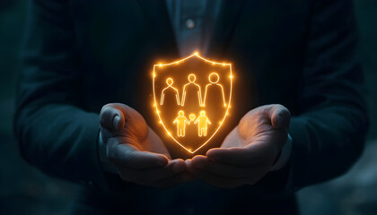 Businessman in suit holds glowing family shield. Insurance, protection concept. Safe, secure family life, health. Symbol of care, security, support. Financial planning for loved ones future