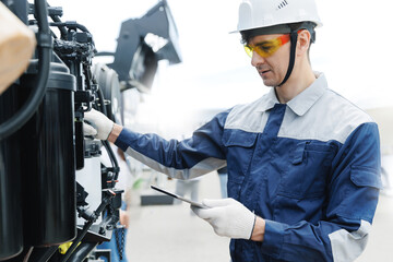 Mechanic with tablet computer control and fix problem of engine from industrial mining truck