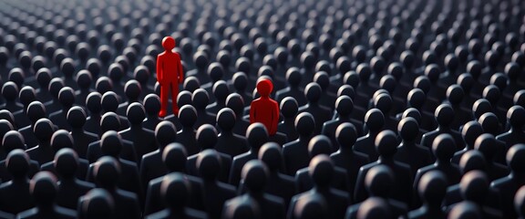 Obraz premium A lone red figure stands out amongst a crowd of black figures, signifying leadership and distinction, individuality, management