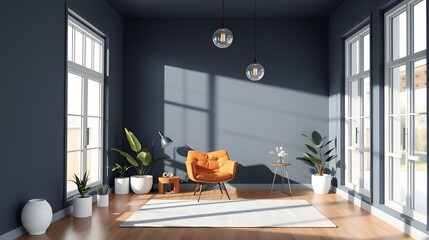 Modern minimalist room with blue walls, leather chair, plants, and natural light.