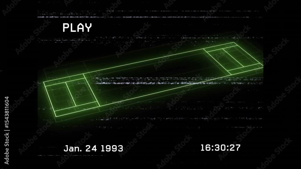 Poster vhs play flashing 1993 timecode neon wireframe forming rotating frame collapsing for retro look
