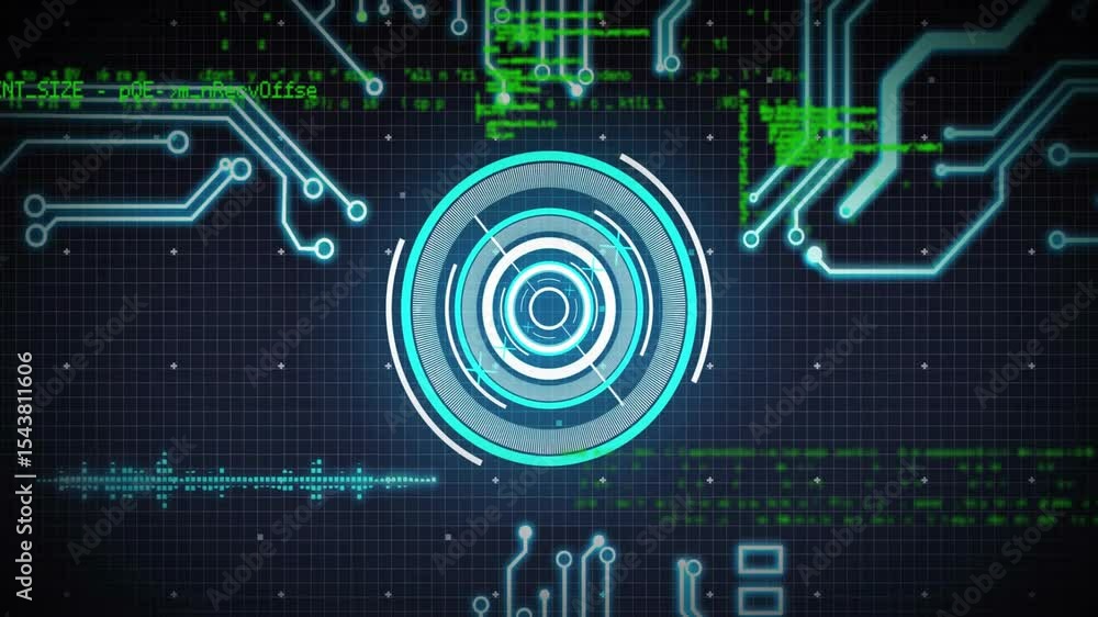Poster on activation rings rotating, code scrolling and circuits flickering for interface demo