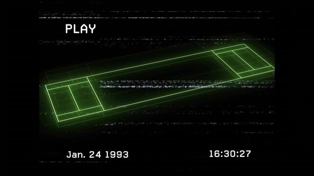 VHS PLAY flashing 1993 timecode neon wireframe forming rotating frame collapsing for retro look