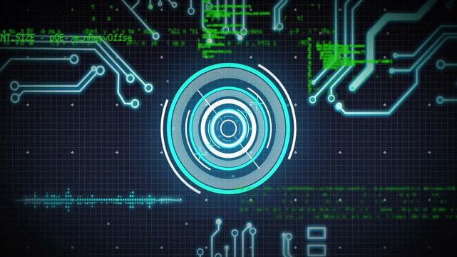 On activation rings rotating, code scrolling and circuits flickering for interface demo