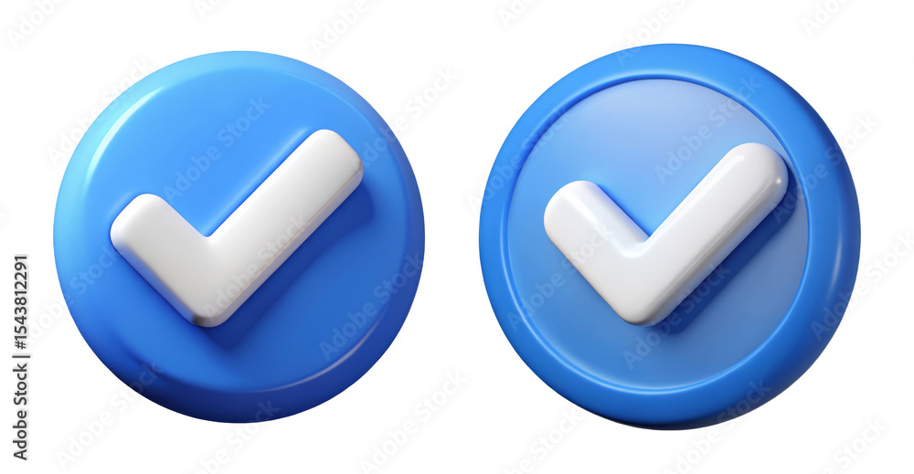 Poster check mark icons 3d renderings for approval success tick symbol in blue white on transparent backgro