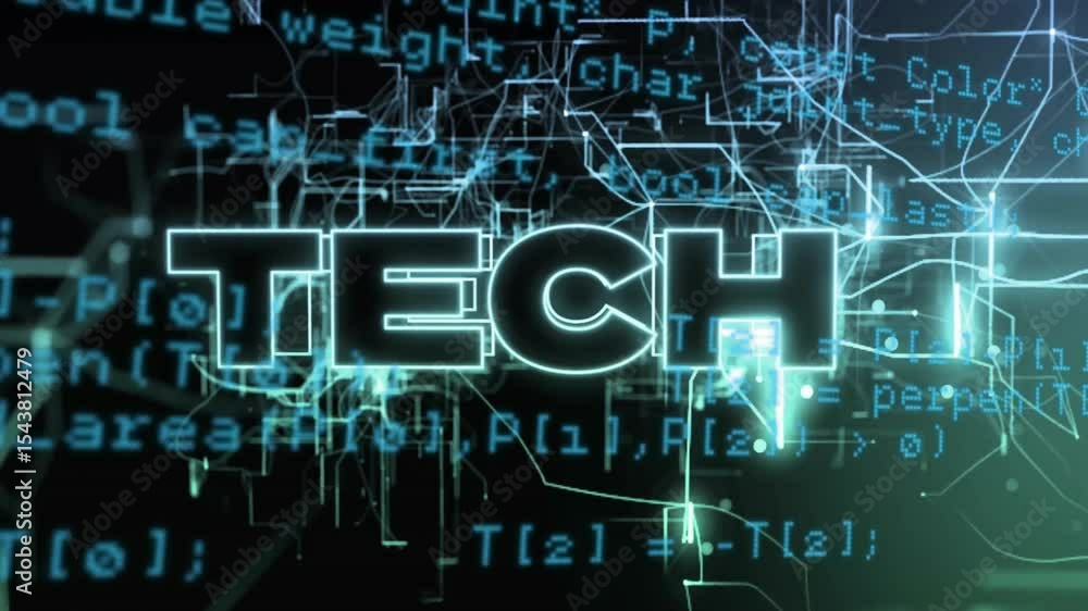 Poster code-filled background starting glowing 3d tech emerging while nodes pulsating, visualizing flow