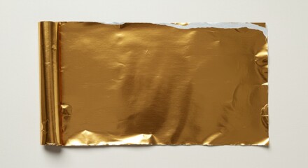 A flat piece of shimmering gold foil, slightly wrinkled, with a rolled edge, lies on a white surface