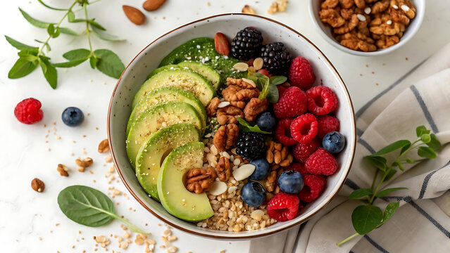 Chloe. acai bowl and sweet French toasts with fruits in a restaurant Healthy brunch with avocado toast
