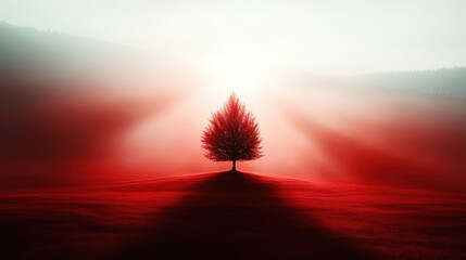 A solitary tree stands tall against a backdrop of soft red mist, capturing the essence of isolation, beauty, and the dramatic interplay of light and shadow in nature.