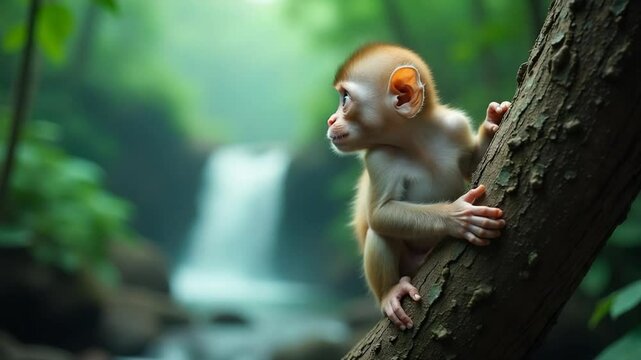 Baby Monkey Playing Near Waterfall