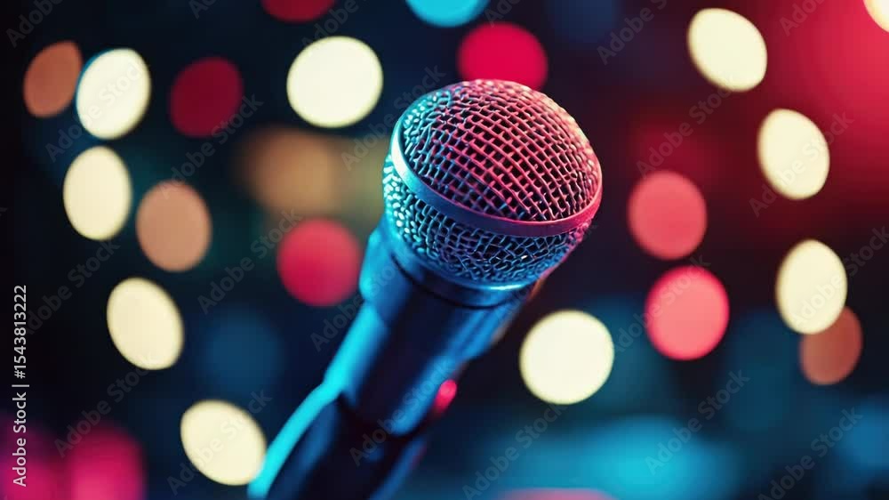 Poster a microphone with a bright red light in the background, ideal for use in music or audio-related cont