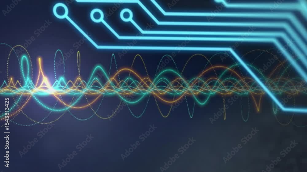 Poster waveforms appearing then circuit-trace gliding, pulsing and retracting for visualizing signal flow