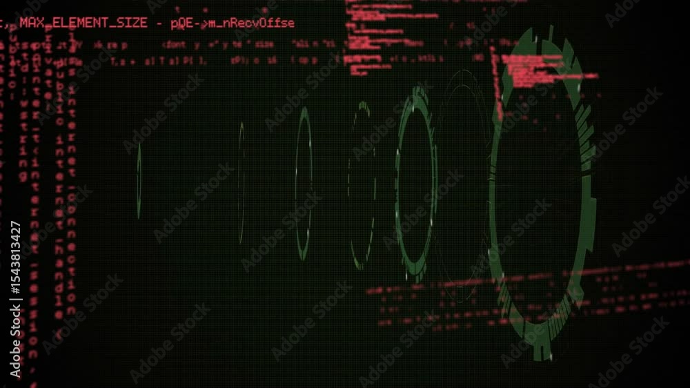 Fototapete at start green interface rings rotating receding and returning while red code trailing showing data
