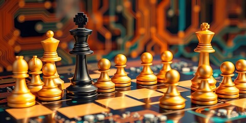 Chess pieces arranged on a circuit board, depicting communication flow,  electronic,   data