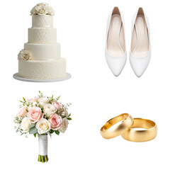 Set-White wedding cake, bouquet, shoes, and gold rings  