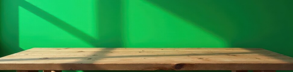 Rustic wooden dining table against vibrant green wall , room, table