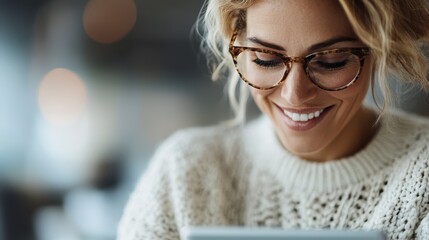 A smiling woman with curly hair and glasses is engaged in reading a digital tablet, showcasing happiness and engagement in a modern and connected world.