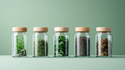 An exquisite arrangement of herb jars, each filled with vibrant dried herbs, elegantly displayed on a soft green surface, perfect for culinary enthusiasts and home chefs.