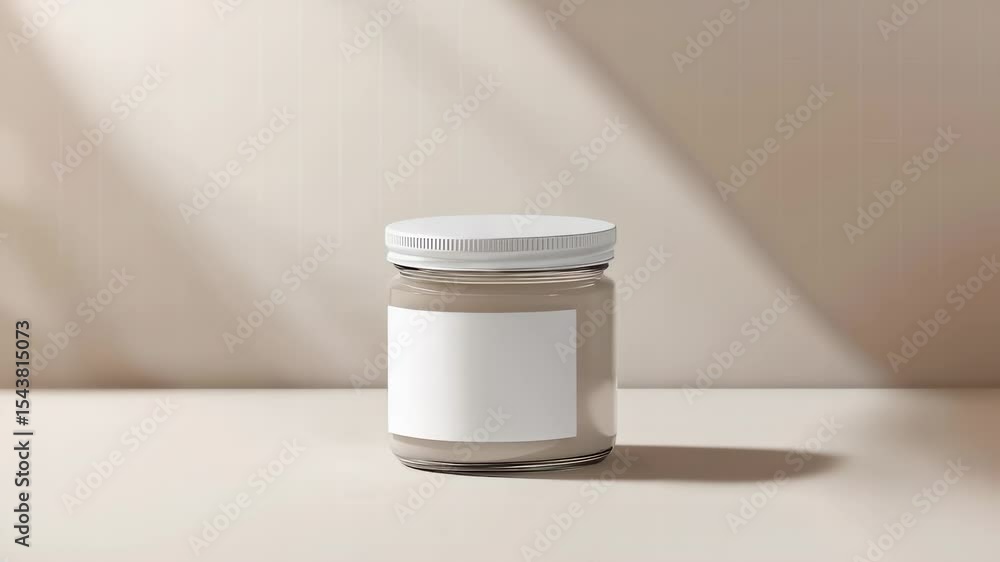 Poster minimalist jar on a neutral surface: a close-up shot of a sleek glass jar with a blank label sits on