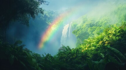 Rainbow Waterfall in Lush Tropical Jungle