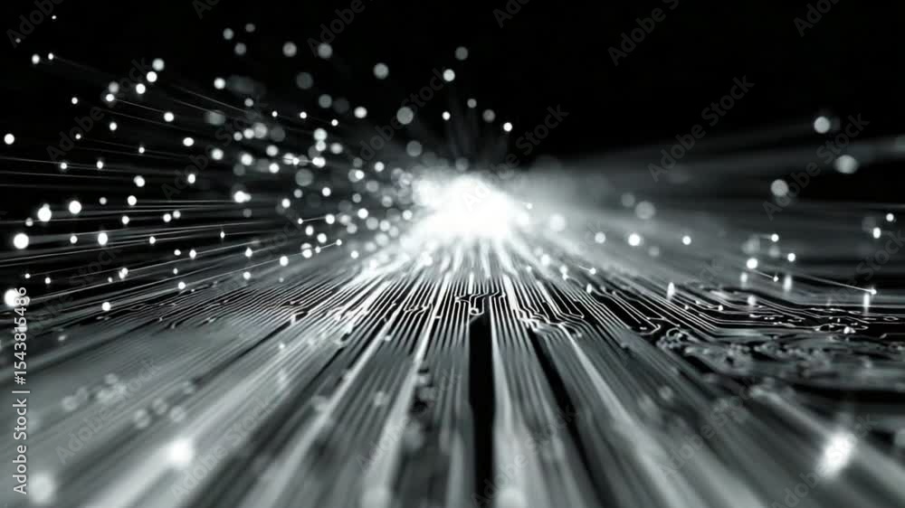 Poster abstract data stream: glowing lines and particles converging
