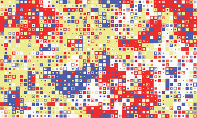 Fototapeta premium Abstract pixel art background featuring a vibrant mosaic of red, blue, yellow, and white squares. Ideal for website banners, tech presentations, or modern design projects.