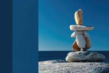 Balanced stone cairn against a vivid blue sky and calm ocean, suggesting tranquility and natural harmony