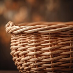 Close-up of a light brown wicker basket; intricate weave, shallow depth of field, blurred autumnal background