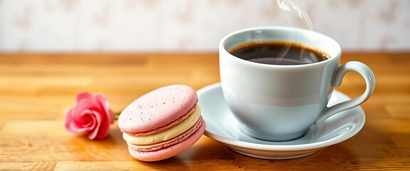 A steaming cup of coffee beside a delicate pastel macaron, cosy, treat