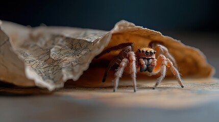 A fascinating close-up of a spider peeking out from a crumpled map, showcasing the intricate details of nature and the allure of exploration and adventure.