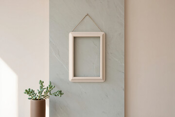 Minimalist interior decor with empty frame and succulent plant in pot home art