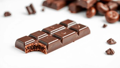 A rich, dark chocolate bar rests on a pristine white background,  melting,  minimalism