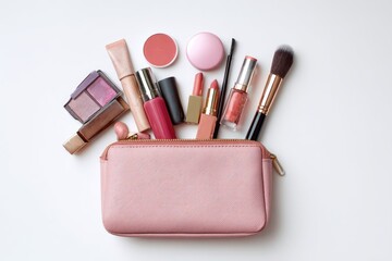 Pink cosmetic bag overflowing with various makeup products including lipsticks, blush, eyeshadow, and brushes, on a white background