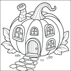 Cute pumpkin house coloring page illustration