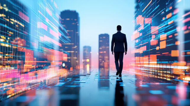 Business professional walks confidently through futuristic cityscape, surrounded by vibrant digital data streams - Powered by Adobe