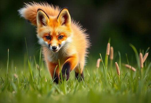 A fluffy red fox kit bounds playfully through tall grass, tail held high, agile, cute fox