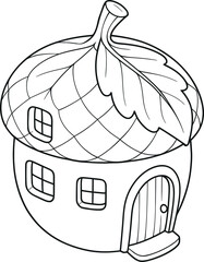 Cute acorn house illustration coloring page