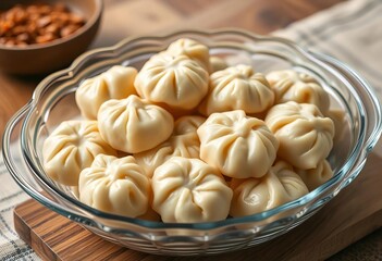 A clear glass dish overflowing with plump, homemade dumplings, texture, food photography