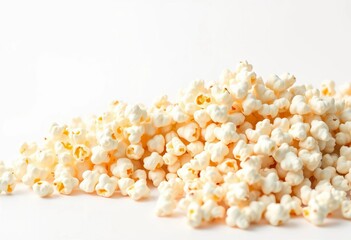 A cascading stream of fluffy popcorn against a pure white backdrop,  food,  salty