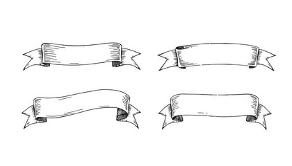 Set of vintage ribbon banners with hand-drawn black line art, perfect for adding a classic touch to designs,  illustration,   vector illustration