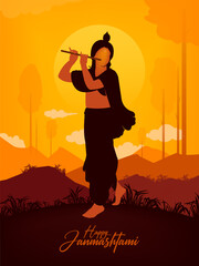 happy janmashtami text lord krishna playing