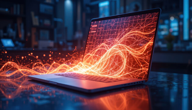 A laptop displays glowing energy waves emanating from its screen, illuminating the surrounding area.