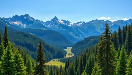 Fototapeta premium Serene mountain range with lush pine forest and tranquil valley Vector illustration, idyllic, artwork