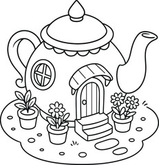 Cute teapot shaped house coloring page illustration