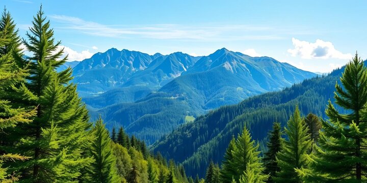 Serene mountain landscape with lush green trees and vibrant blue sky  , wildlife, countryside