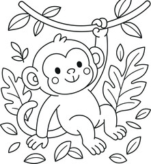 Cute monkey hanging on branch coloring page