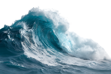 Powerful ocean wave crashing, turquoise water.