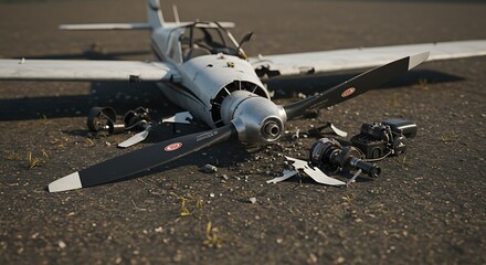 Damaged Single-Engine Propeller Airplane Wreckage on Asphalt