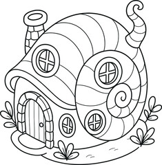 Cute snail shell house coloring page illustration